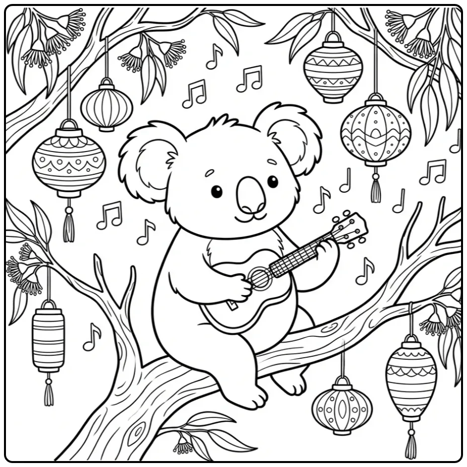 Cute koala bear coloring page with a ukulele on a branch