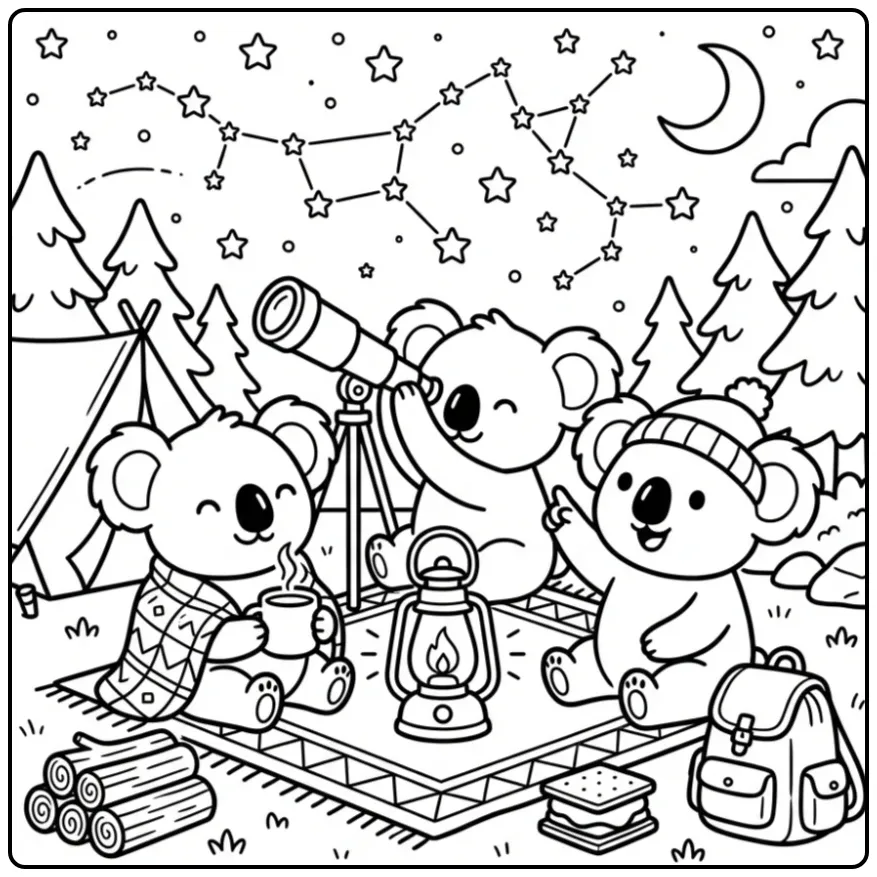 Koala bears coloring page with a telescope and moon