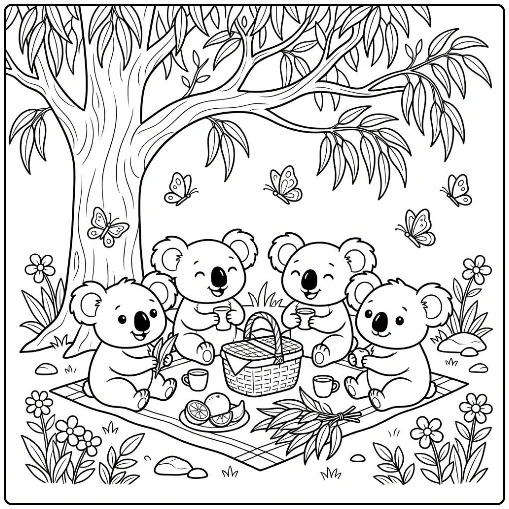 Koala bears coloring page having a picnic together