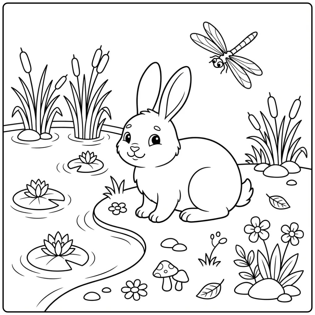 Rabbit coloring page by a pond with water lilies