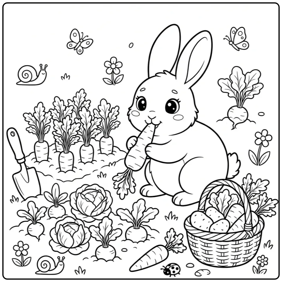 Rabbit coloring page in a vegetable garden with carrots