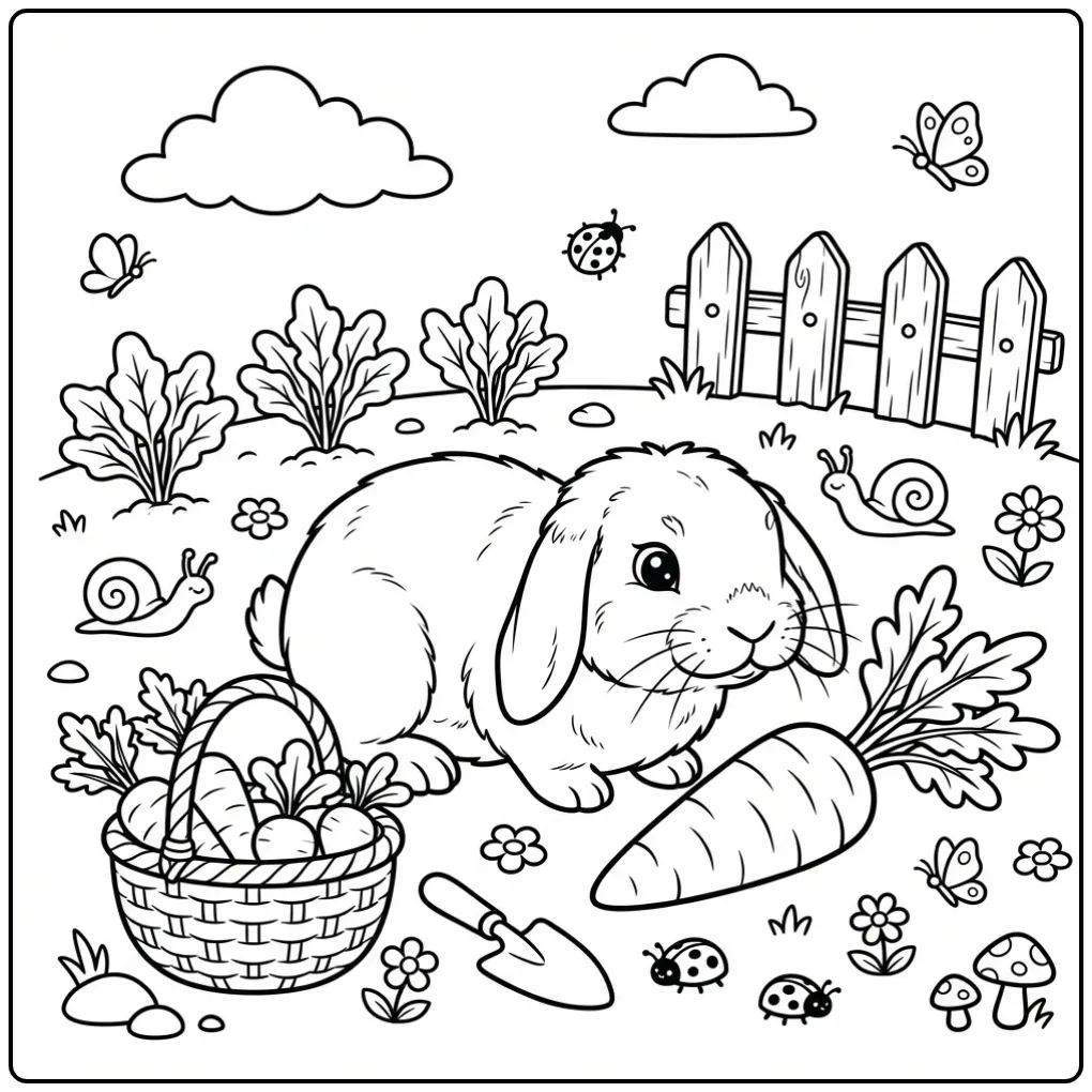 Lop-eared rabbit coloring page with a large carrot