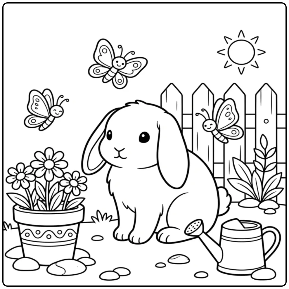 Lop-eared rabbit coloring page in a sunny garden