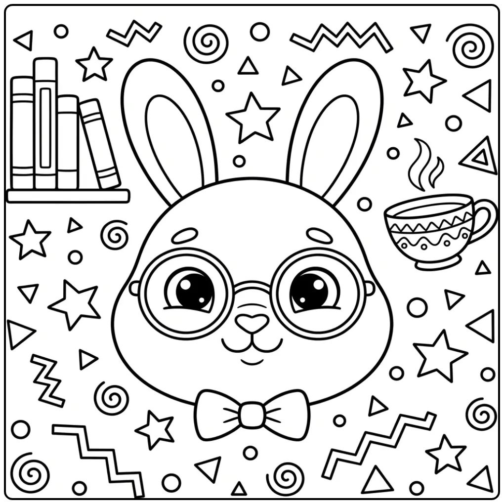 Rabbit head coloring page with glasses and bow tie