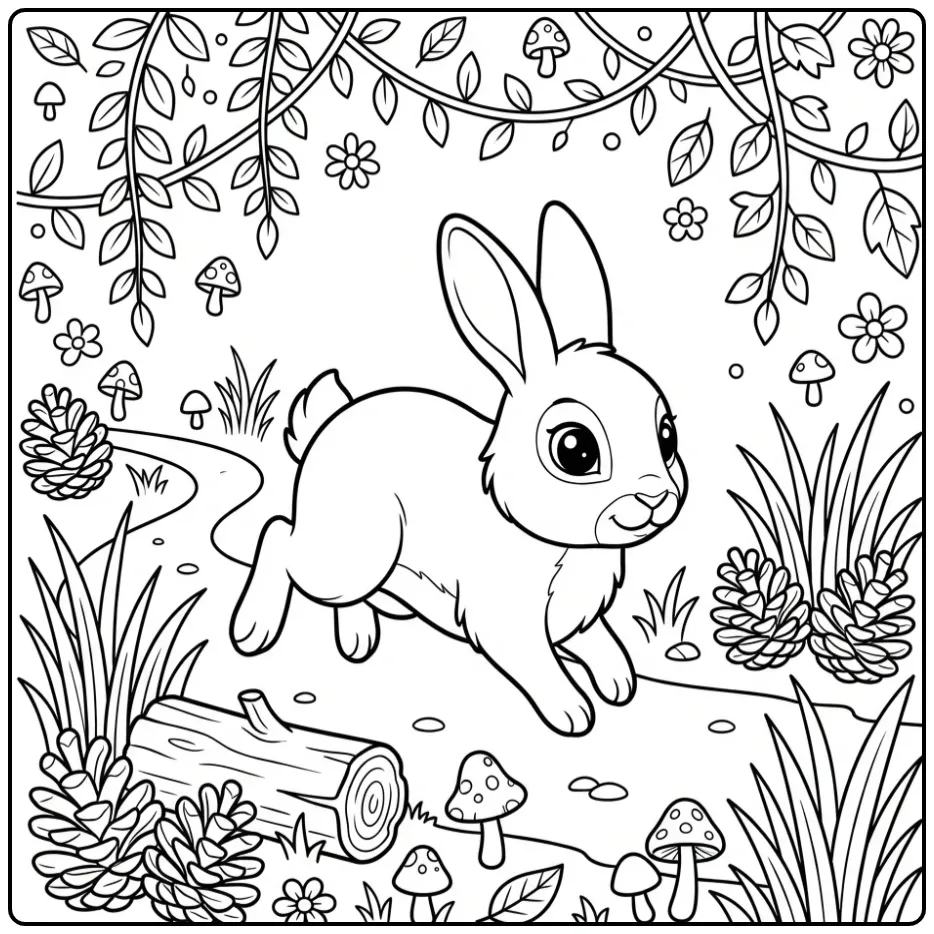 Rabbit coloring page hopping on a forest path