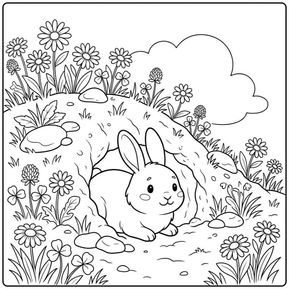 Rabbit coloring page peeking from a burrow