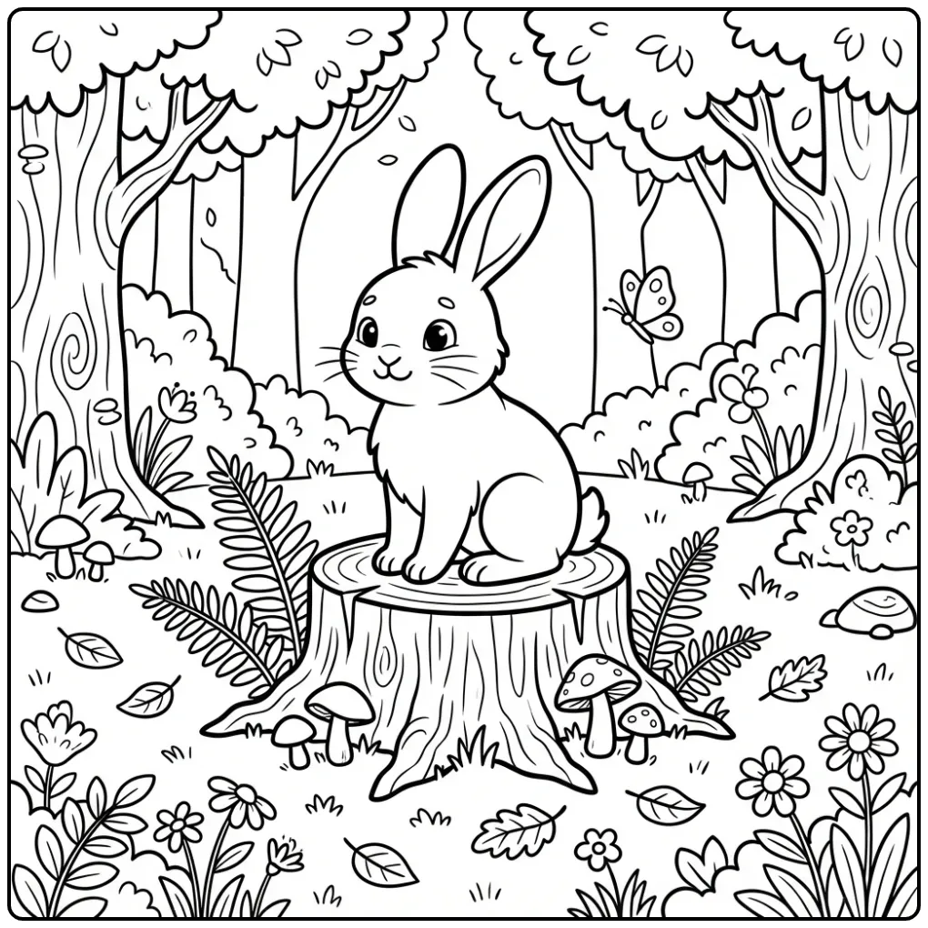 Rabbit coloring page sitting on a tree stump