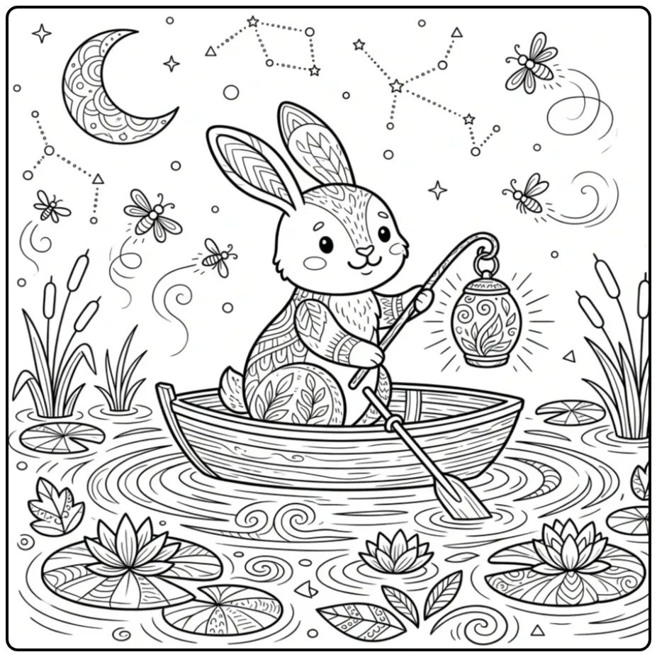 Difficult rabbit coloring page on the water