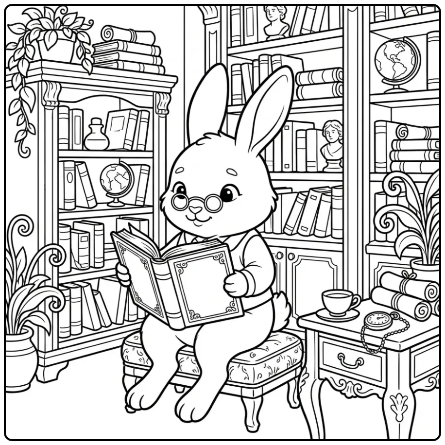 Difficult rabbit coloring page in a library