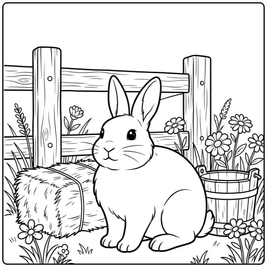 Rabbit coloring page under a wooden fence with flowers