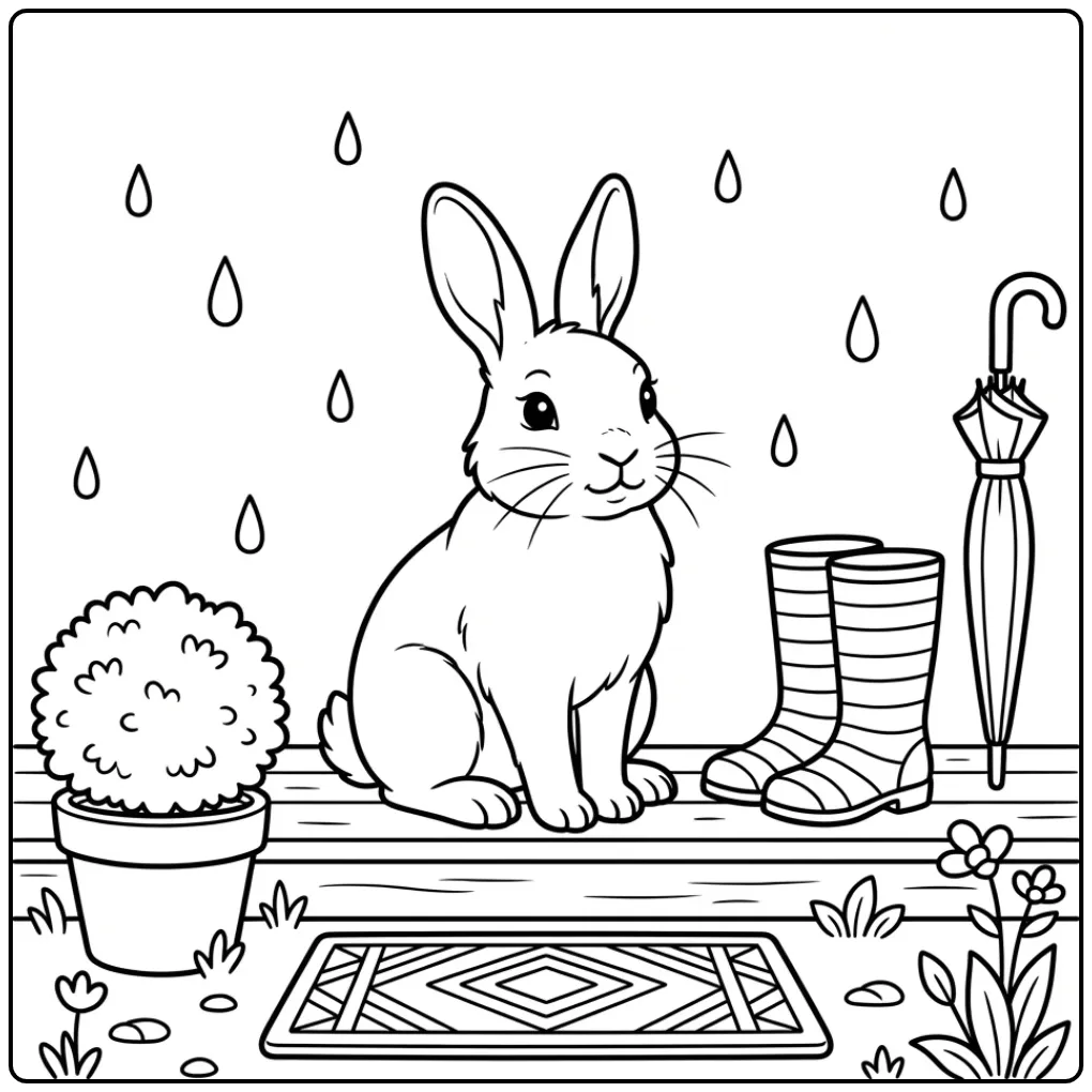 Rabbit coloring page with rain boots and an umbrella
