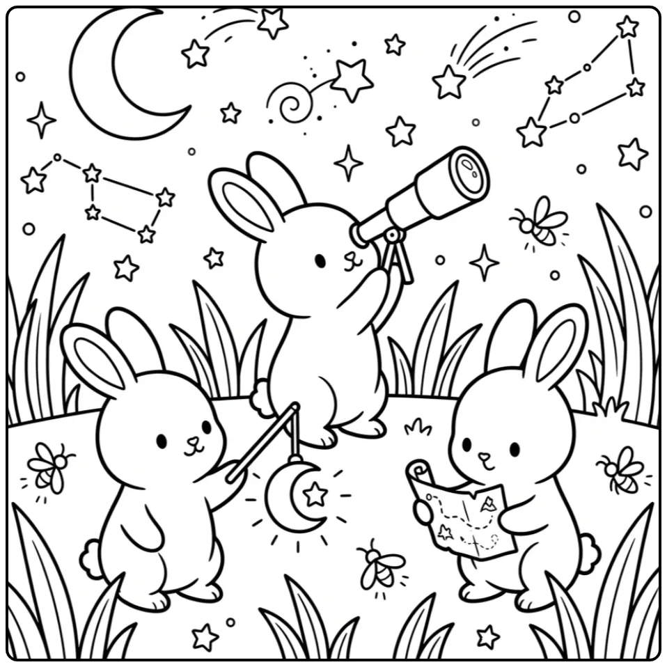 Bunnies coloring page on a star adventure