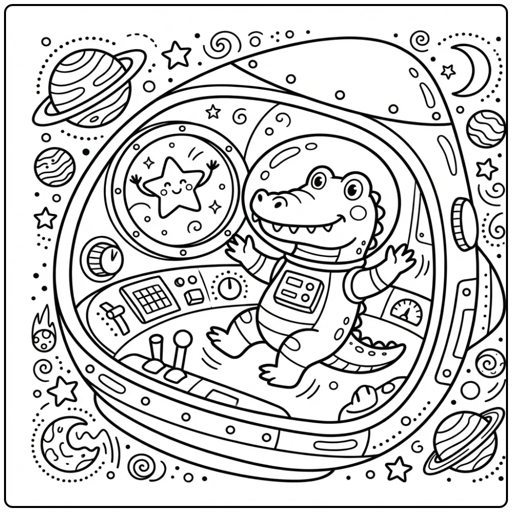 Crocodile coloring page featuring a crocodile astronaut in space