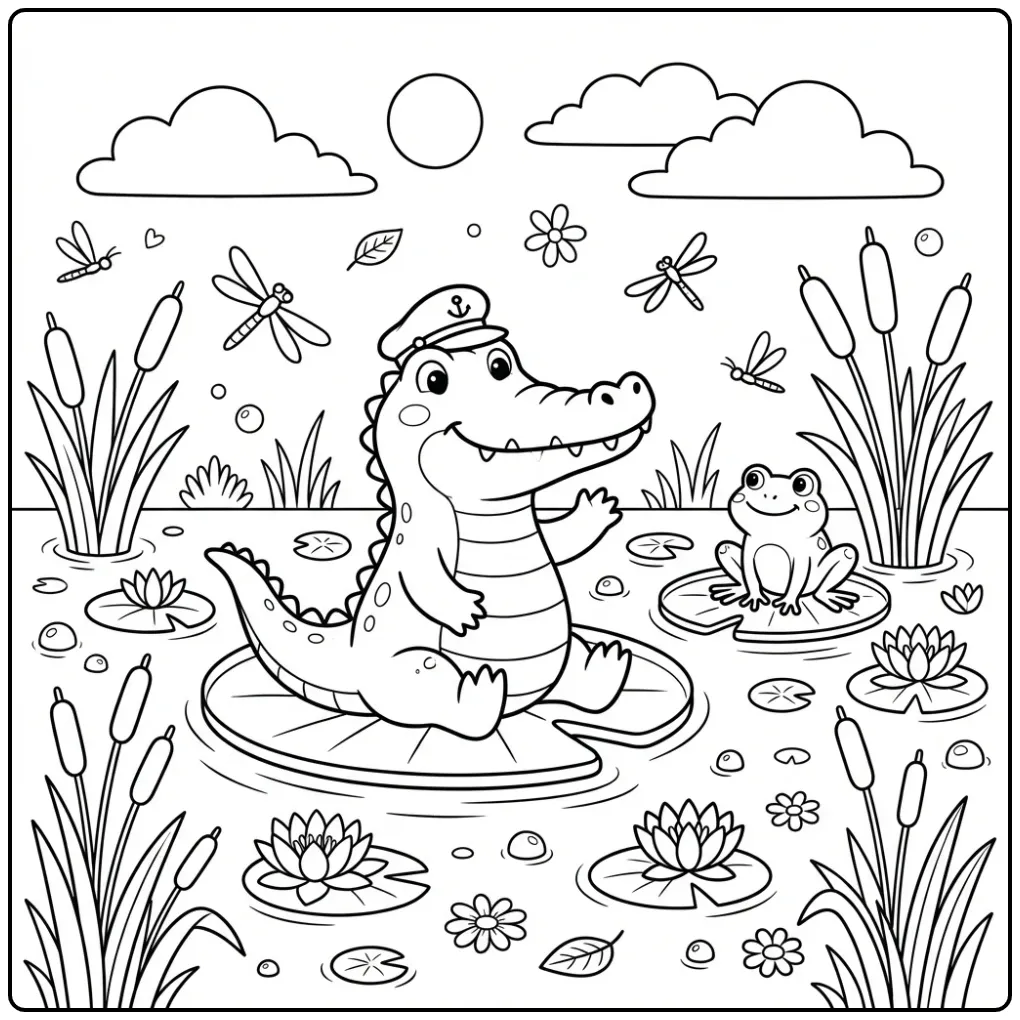 Crocodile coloring page featuring a captain hat on a lily pad