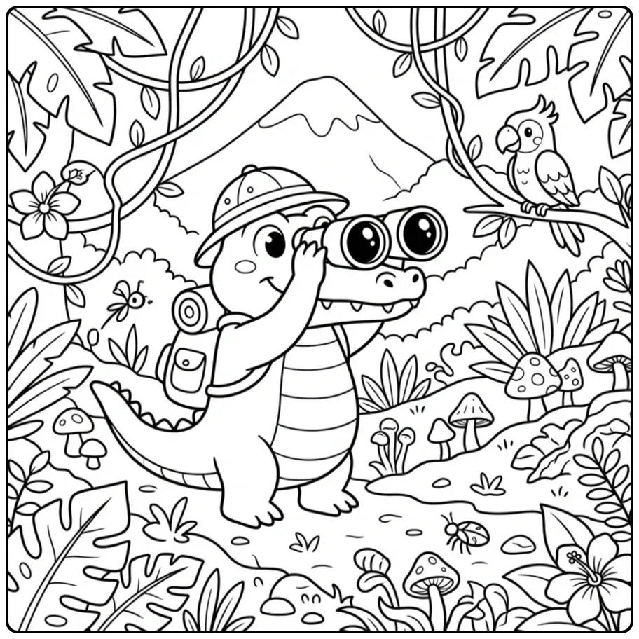 Crocodile coloring page showing an explorer in the jungle