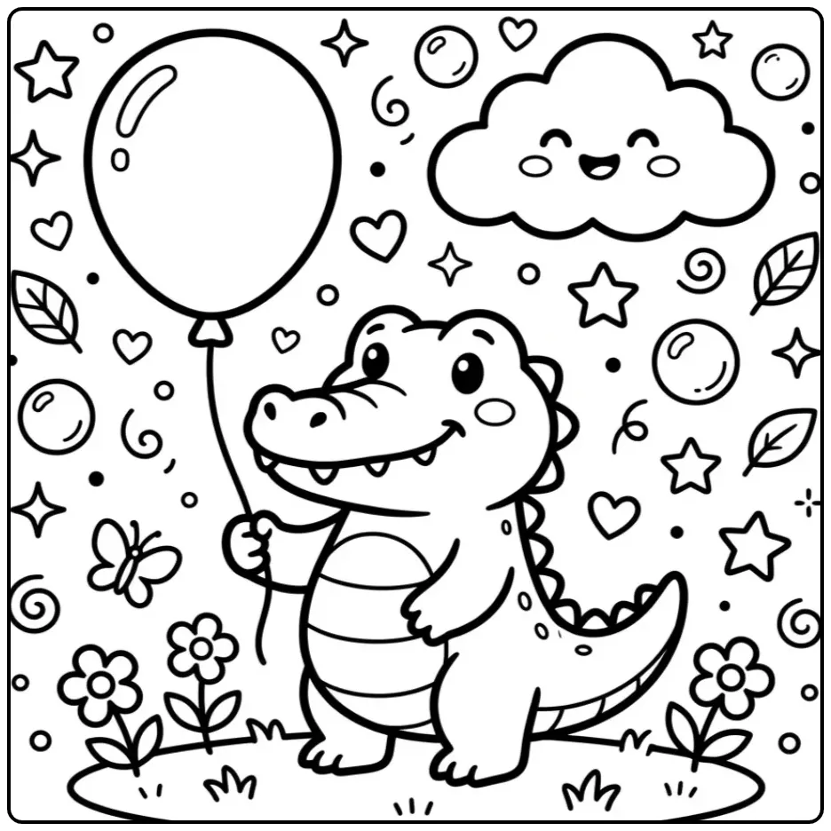 Crocodile coloring page for toddlers featuring a balloon