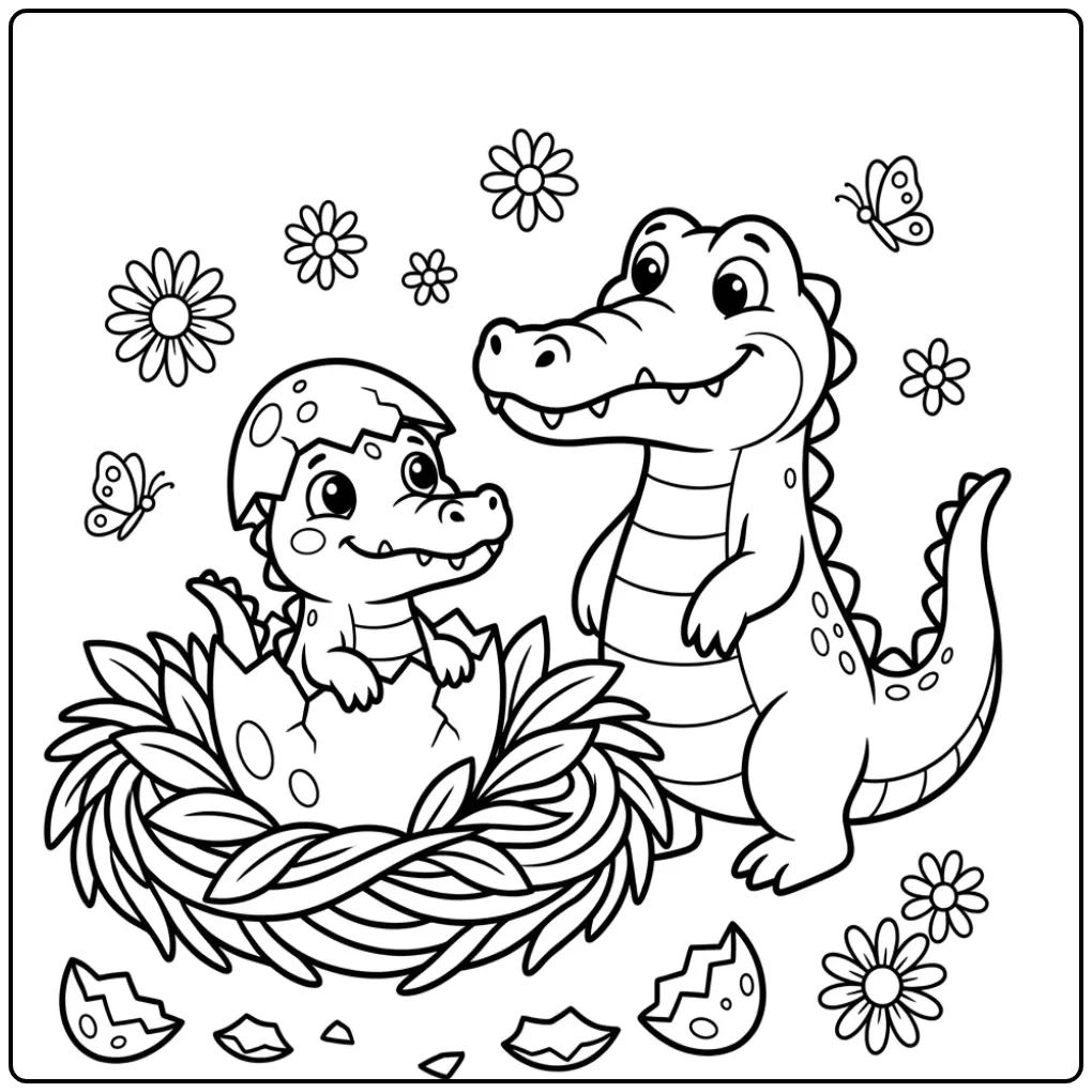 Crocodile coloring page featuring a baby crocodile hatching