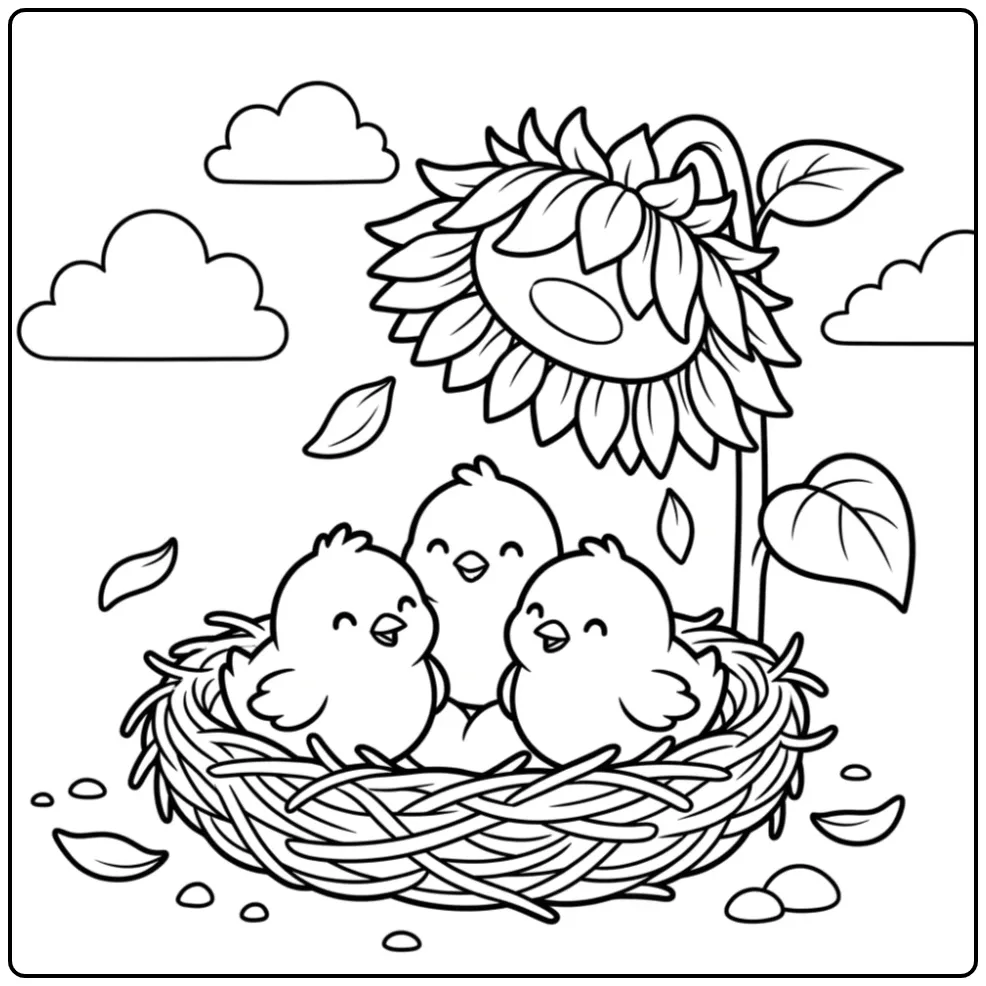 Little chicks coloring page cuddling in a nest
