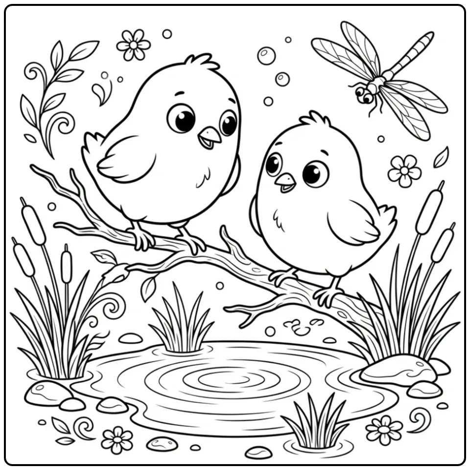 Little chicks coloring page balancing on a branch by a pond