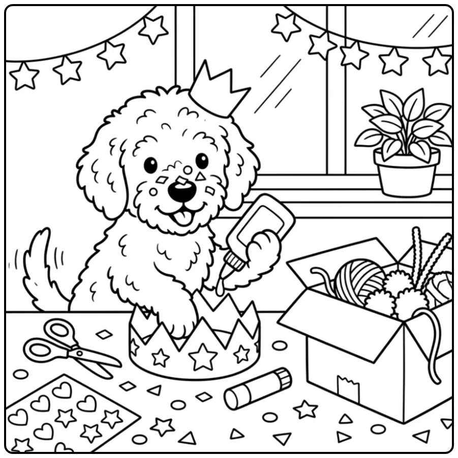 Labradoodle Puppy with Craft Supplies and Crown coloring page