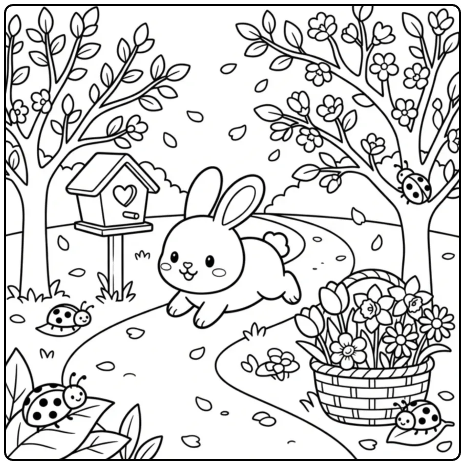 Spring rabbit coloring page with a flower basket
