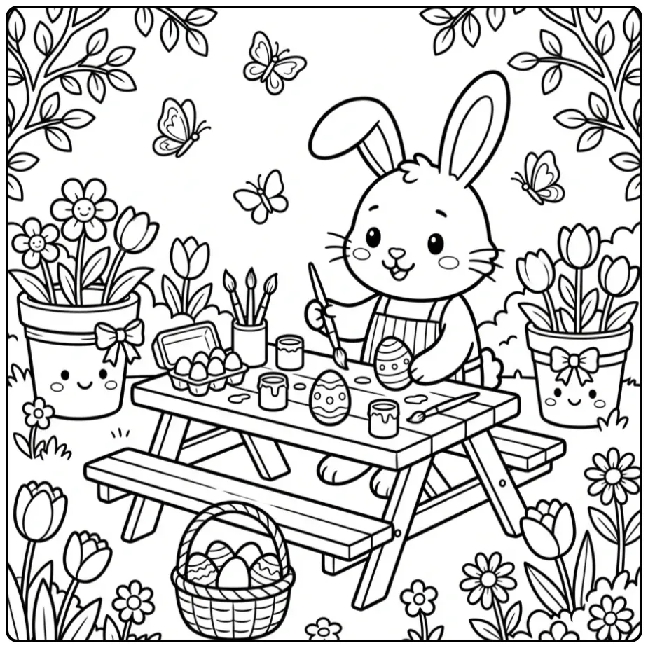 Spring rabbit coloring page with Easter eggs and flowers