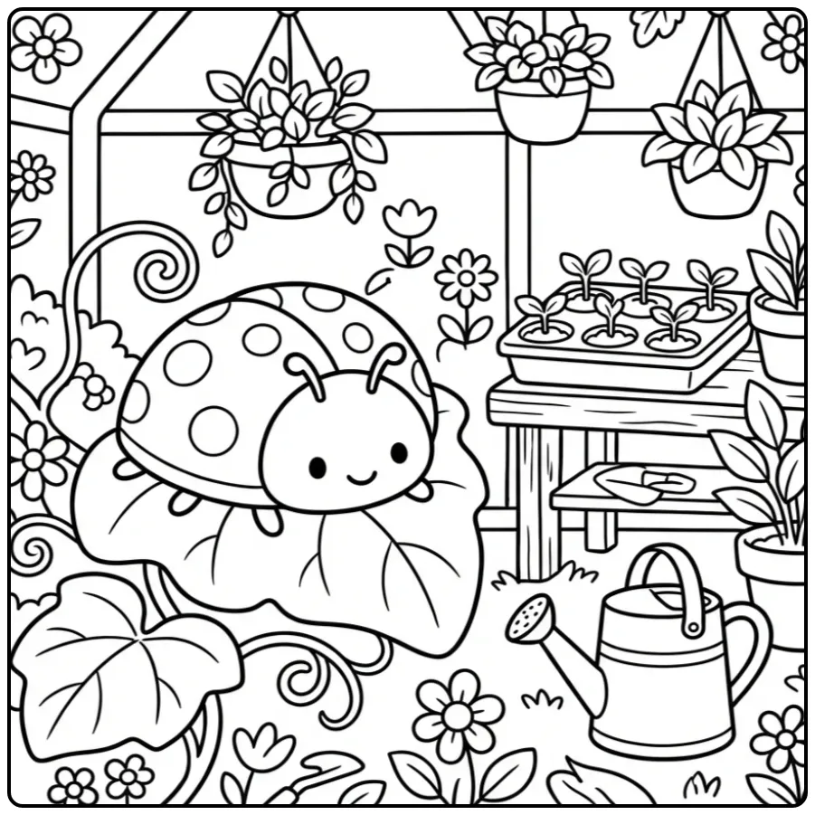 Ladybug coloring page on a cucumber leaf in a greenhouse