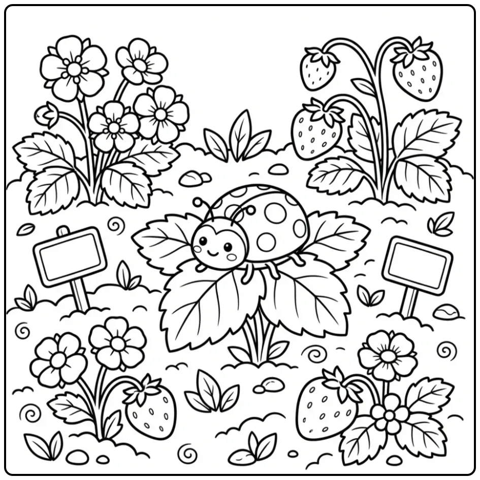 Ladybug coloring page on a strawberry leaf