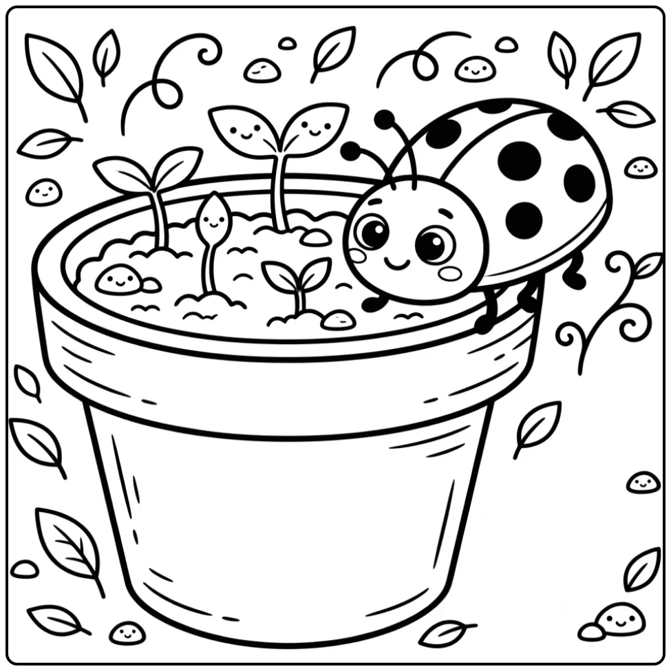 Ladybug coloring page on the edge of a flowerpot