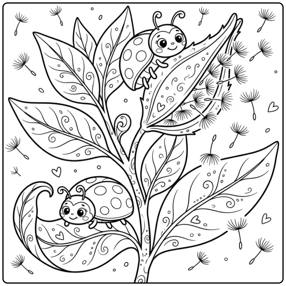 Cute ladybug coloring page on a plant with seeds