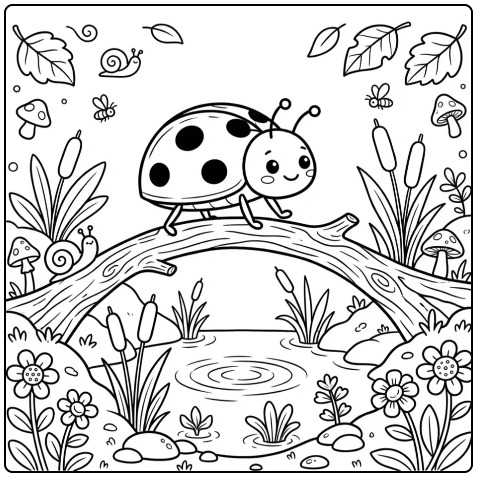 Ladybug coloring page crossing a puddle on twigs
