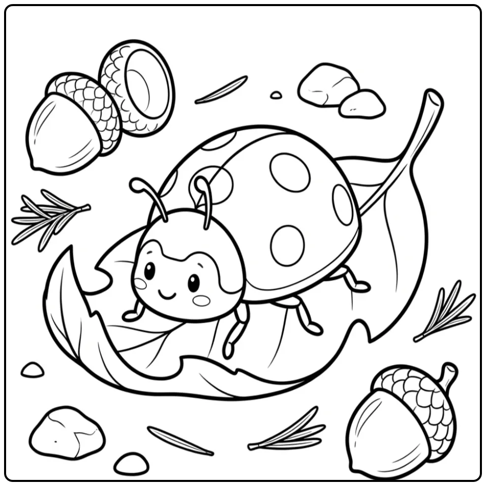 Cute ladybug coloring page on an autumn leaf