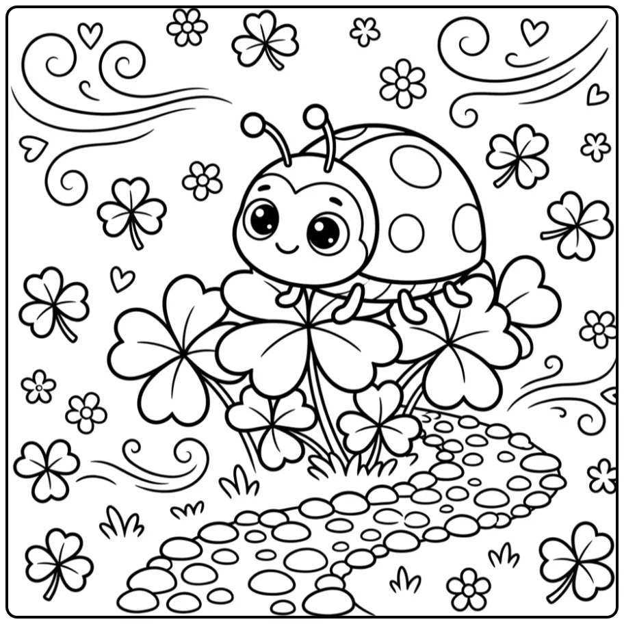 Ladybug coloring page on a clover leaf
