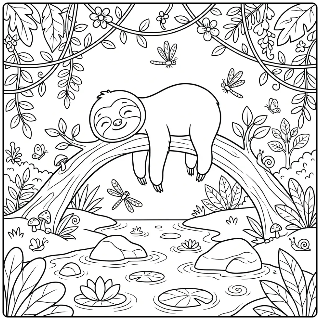 Cute sloth coloring page hanging over a stream