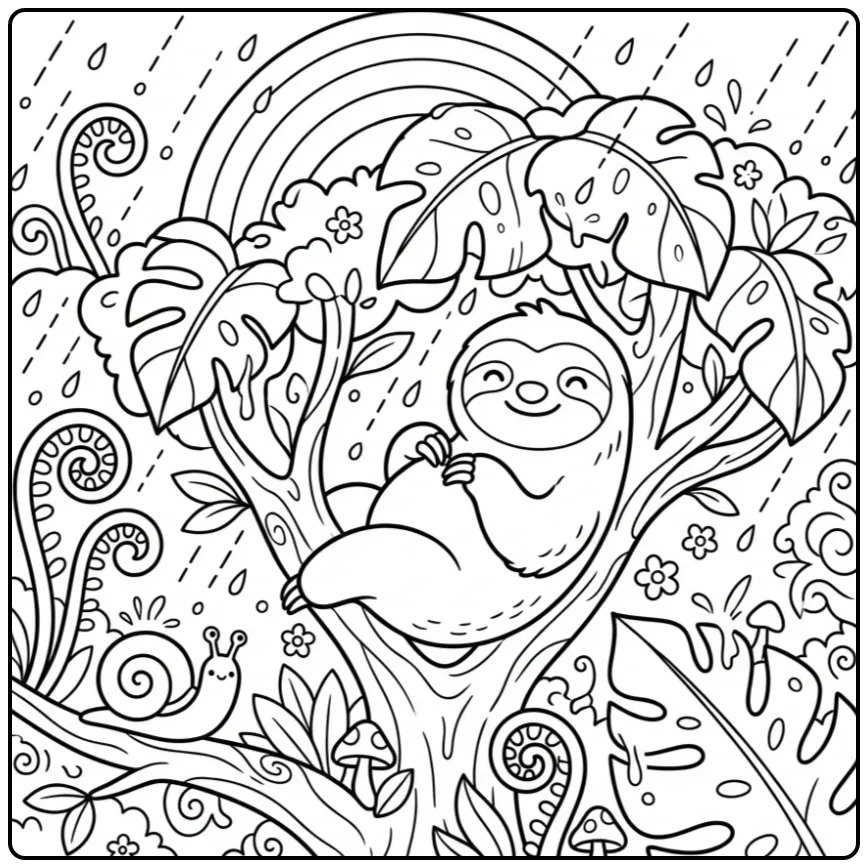 Cute sloth coloring page in the rain with a snail