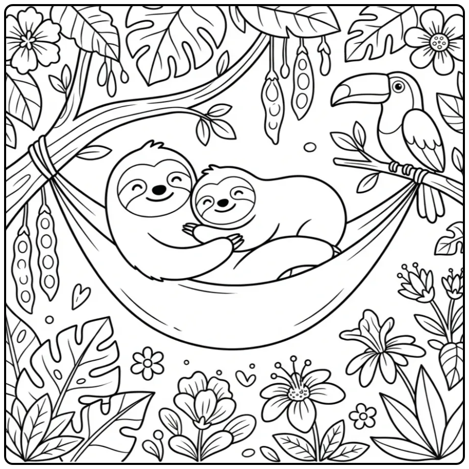 Cute sloth coloring page couple resting in the jungle