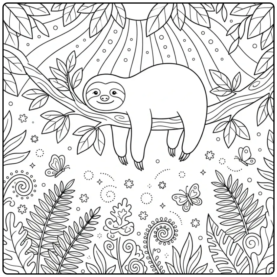 Cute sloth coloring page resting in a magical forest
