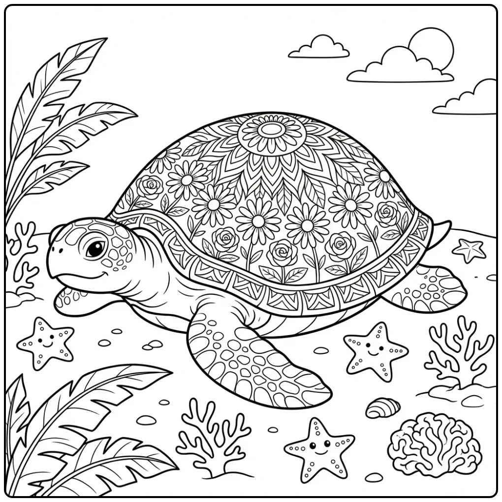 Mandala turtle coloring page with shells and sand