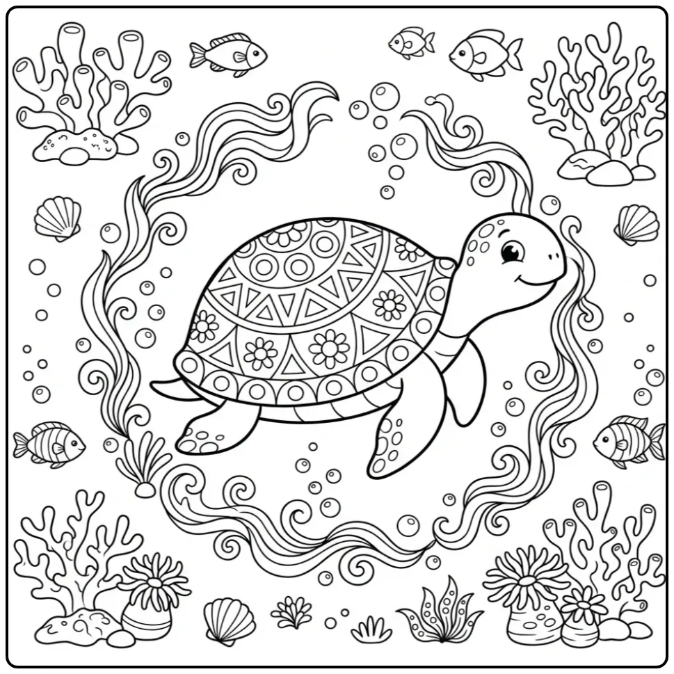Mandala turtle coloring page among coral and bubbles