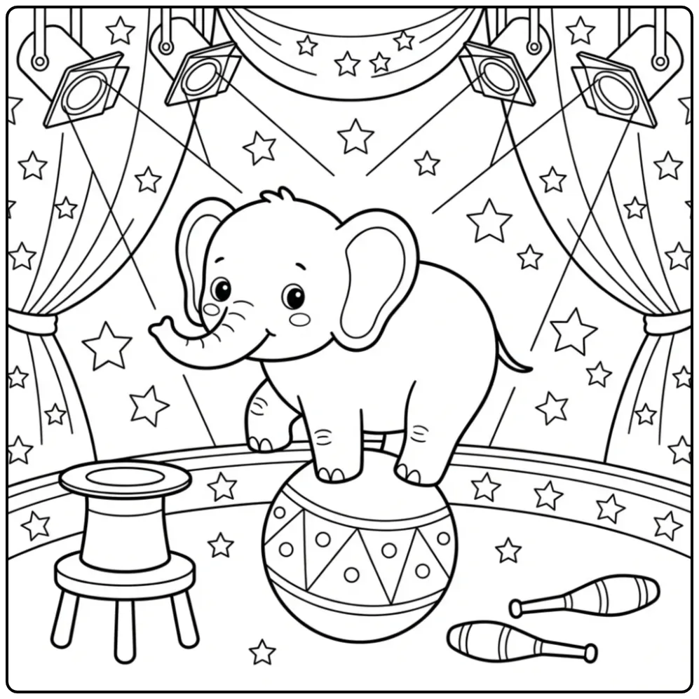 Elephant coloring page balancing on a circus ball