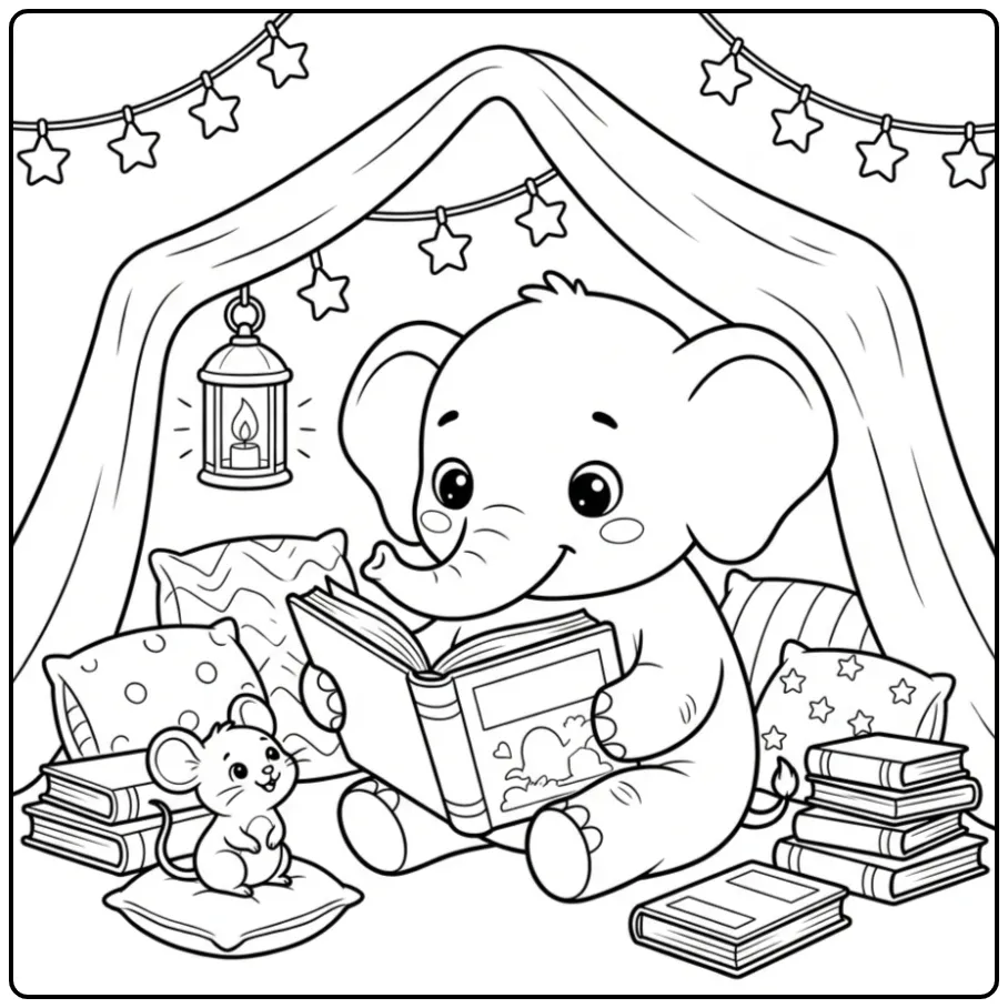Elephant coloring page reading in a cozy fort
