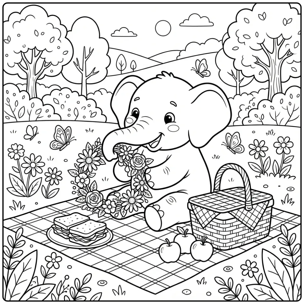 Elephant coloring page during a picnic with flowers