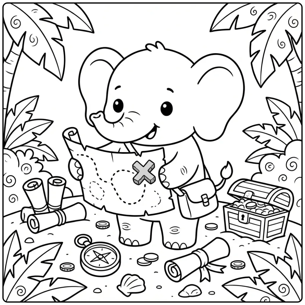 Elephant coloring page searching for treasure with a map