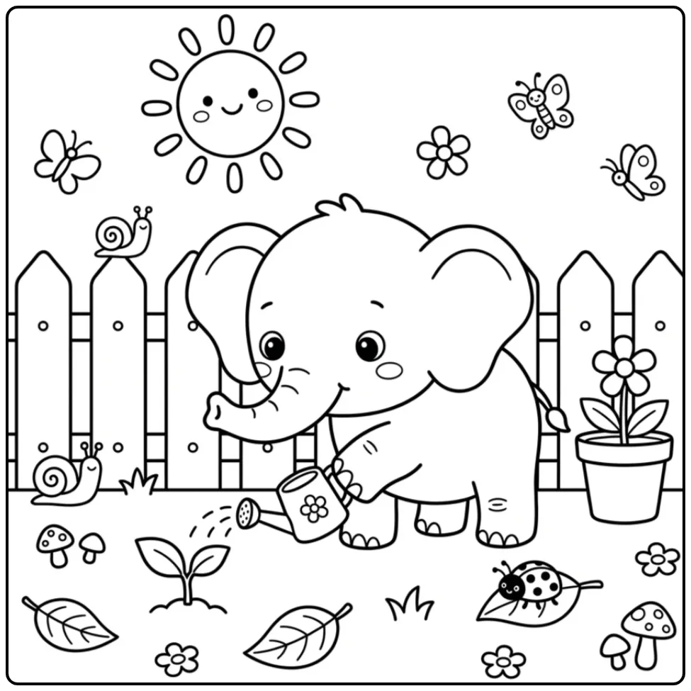 Baby elephant coloring page watering a plant