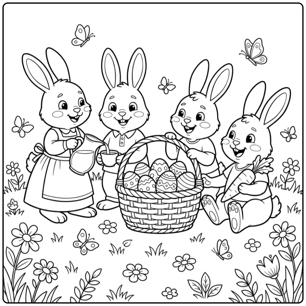 Easter Bunny with basket coloring page at a picnic