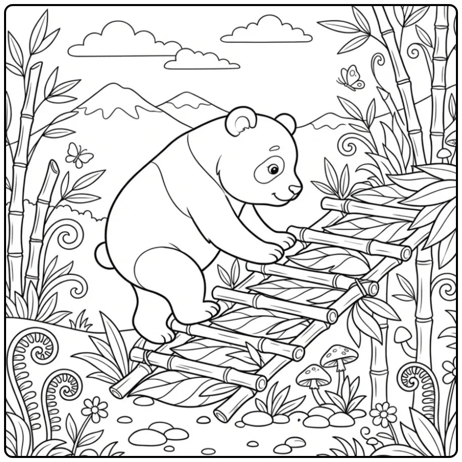 Panda coloring page climbing bamboo stems