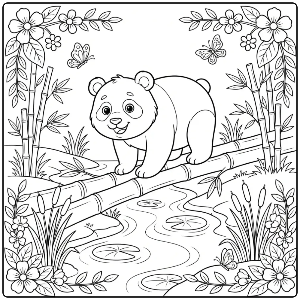 Panda coloring page balancing on a bamboo stem