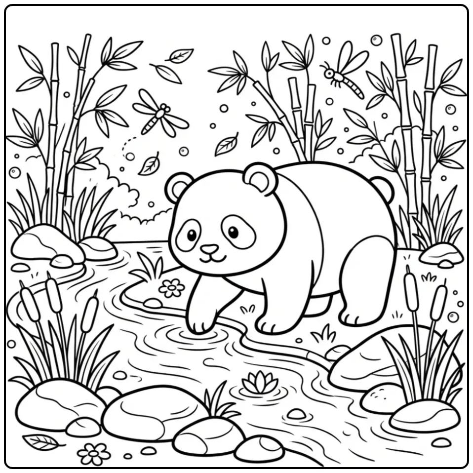 Panda coloring page playing with a paw in water
