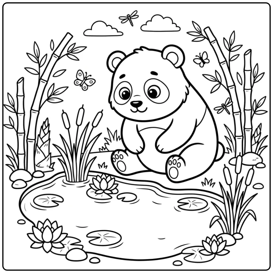 Panda coloring page by a pond with fish