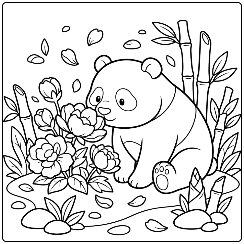 Panda coloring page smelling flowers